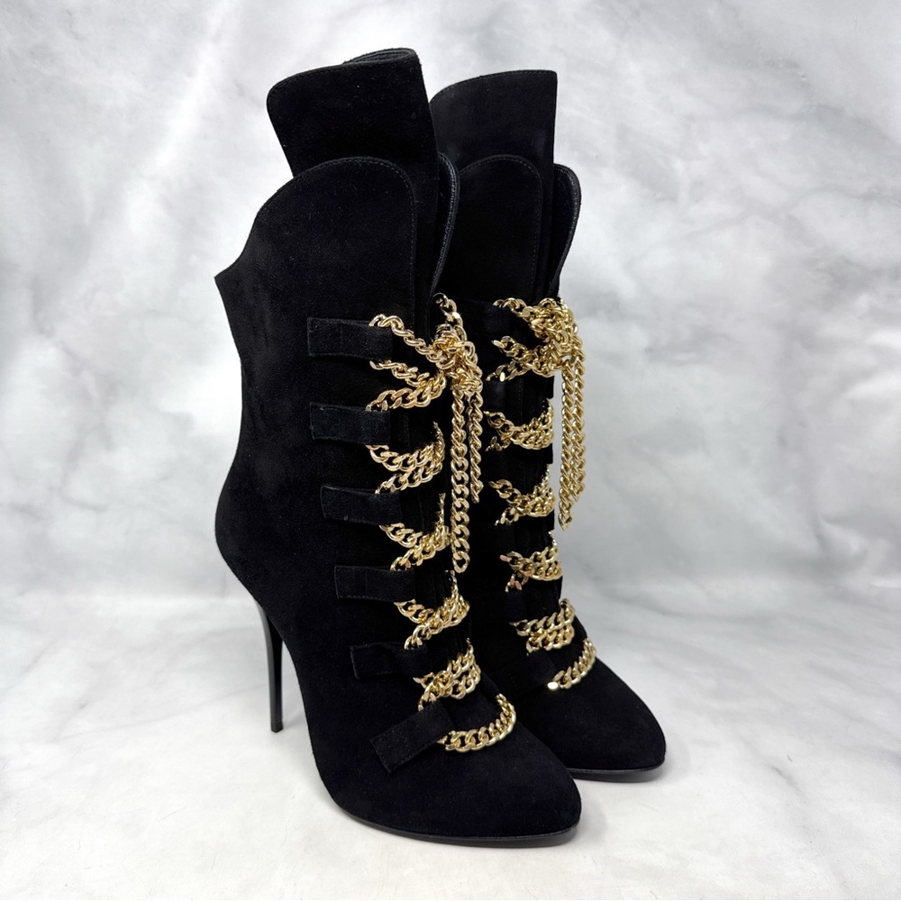 NEW Giuseppe Zanotti Zadina Suede Chain Lace Up Stiletto Heeled Ankle Boot Black